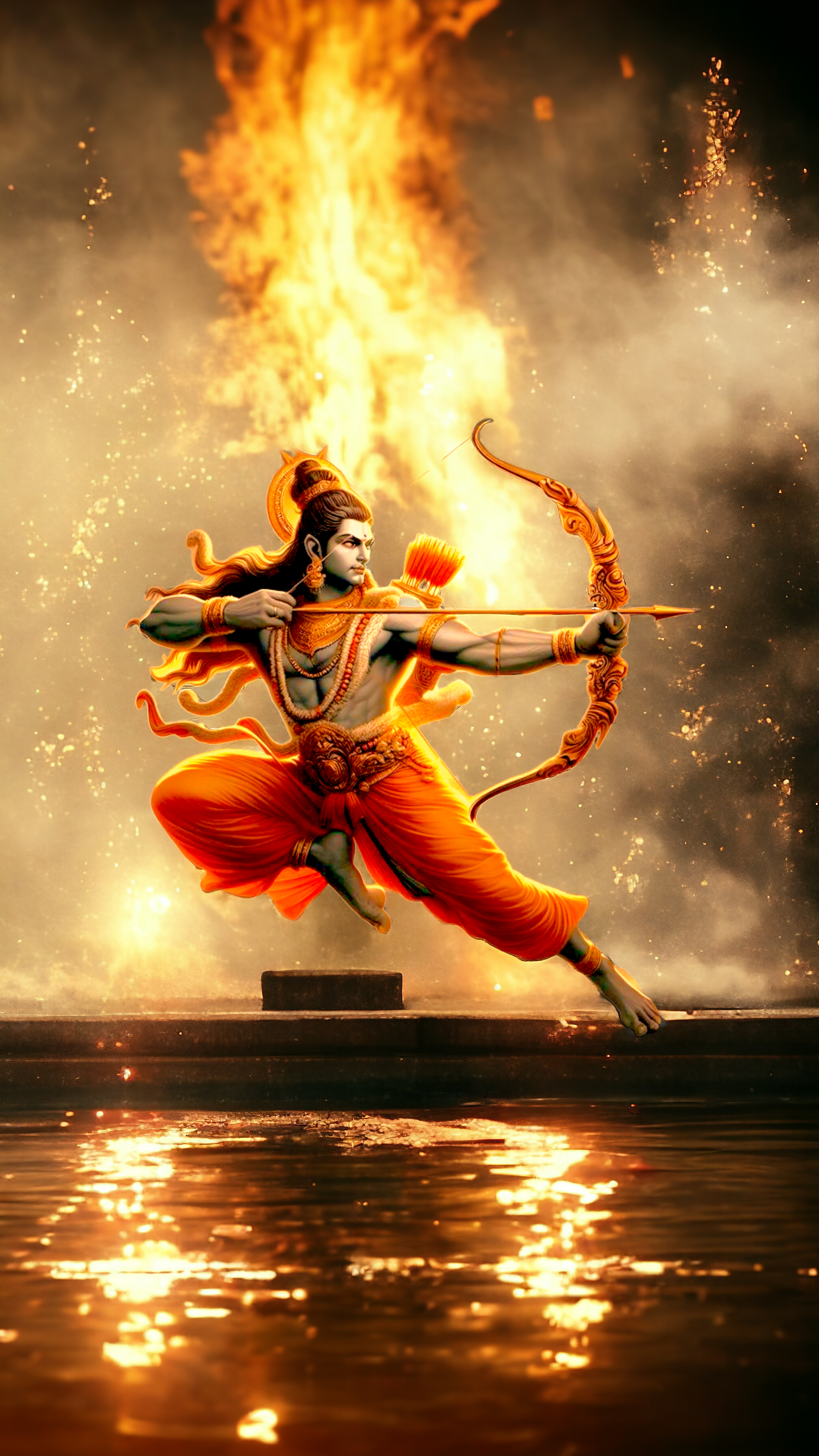 Indian god Ram temple, water effect, smoke effect, golden effect, 4k Bokeh effect