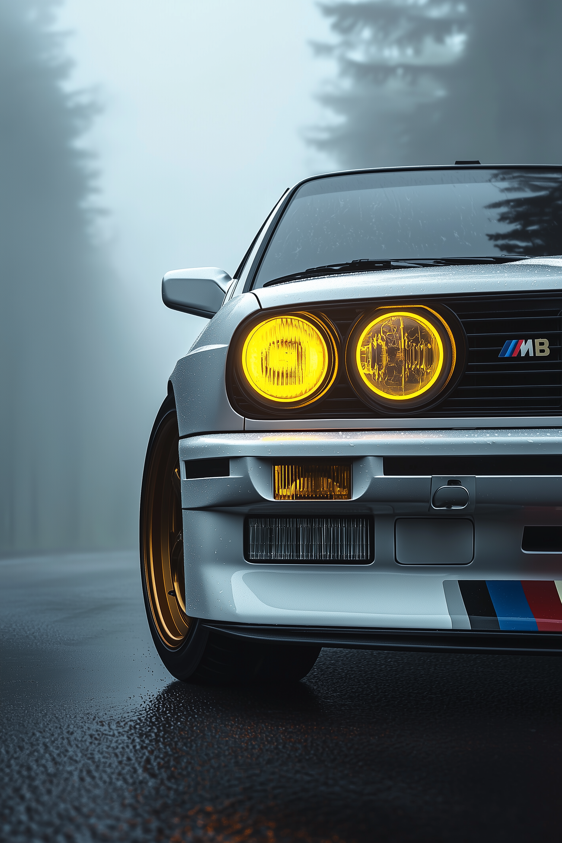BMW E30 M-package with yellow headlights and gold wheels
