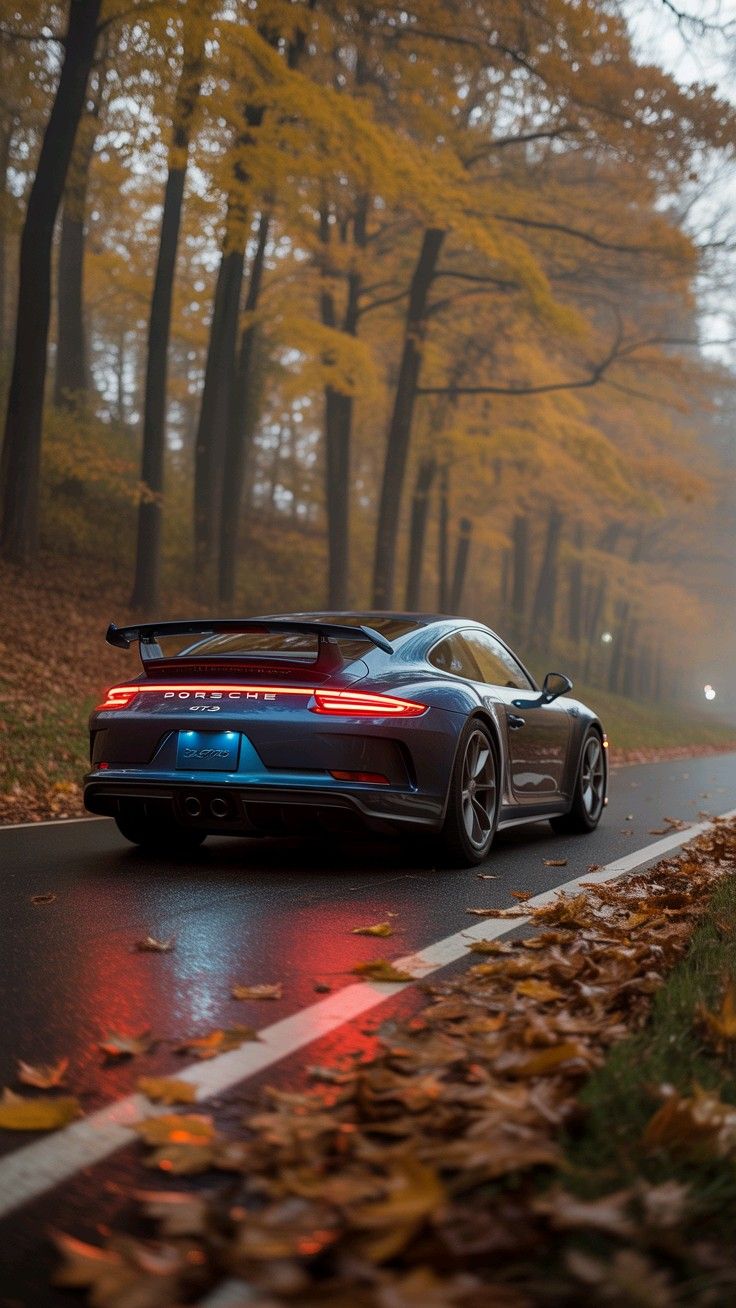 #Moody #Night #Forest #Scene #Porsche #GT3 #Glowing #Taillights #Autumn #Golden #Foliage