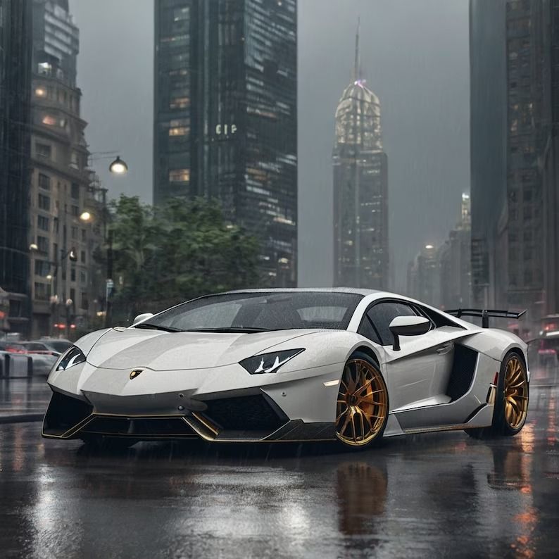 #Lamborghini #Aventador #SVJ #White #Rainy #Cityscape #Car #Print #Realistic #Luxury #Supercar #Car #Wall #Art #Ideal #Car #Lovers #Digital #Car #Art #Lambo #Etsy #Canada
