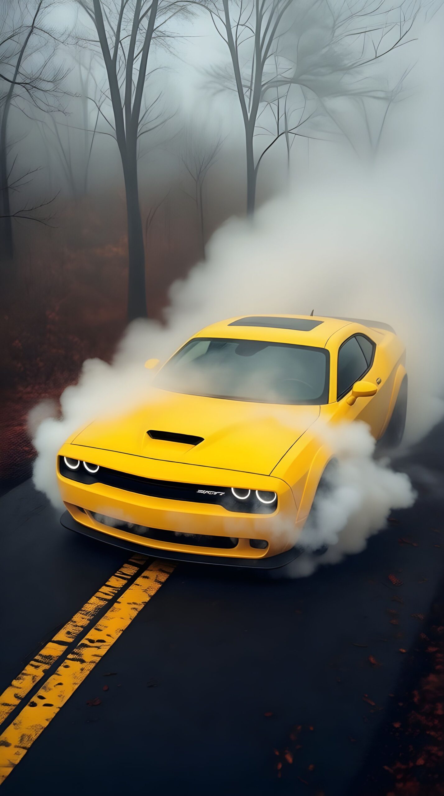 #Yellow #Muscle #Car #Foggy #Road #Bold #Power #Meets #Misty #Mystery #iPhone #Android #Wallpaper