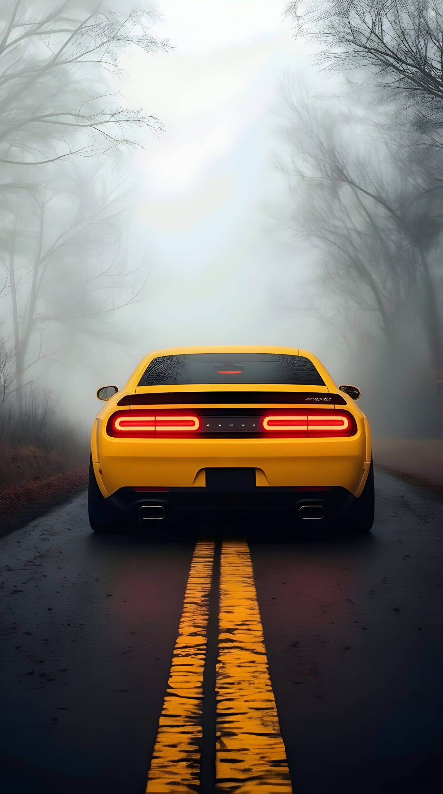 #Yellow #Muscle #Car #Foggy #Road #Bold #Power #Meets #Misty #Mystery #iPhone #Android #Wallpaper