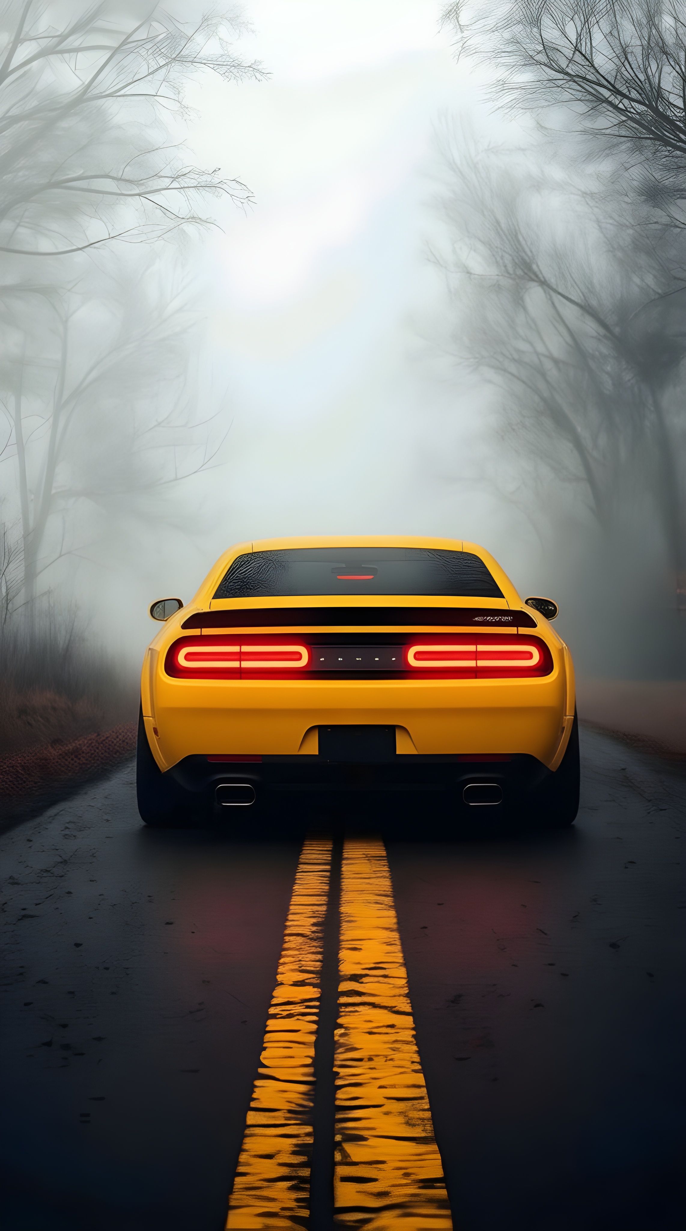 Yellow Muscle Car on Foggy Road – Bold Power Meets Misty Mystery | iPhone & Android Wallpaper