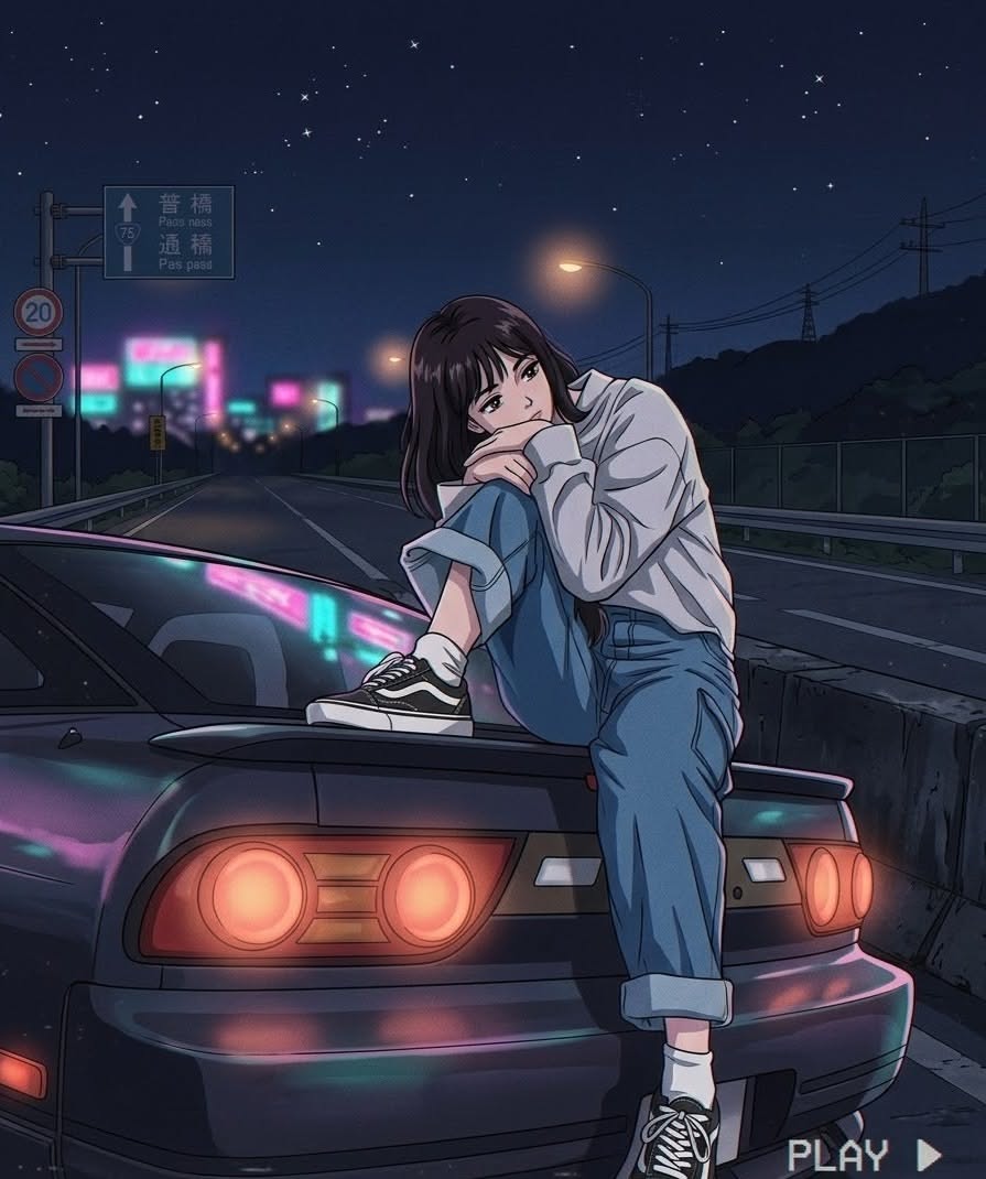 #Retro #Anime #Girl #Sitting #JDM #Car #Midnight #Street #Racing #Aesthetic