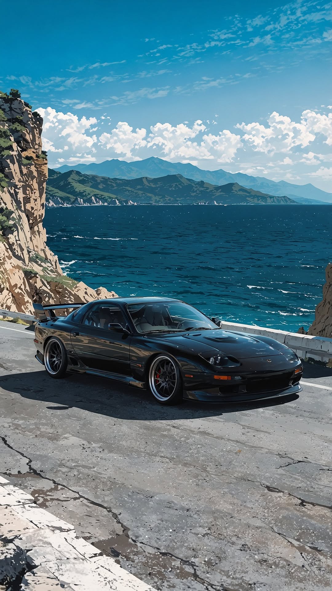 #Black #RX7 #Rocky #Coast #JDM #Anime #Wallpaper