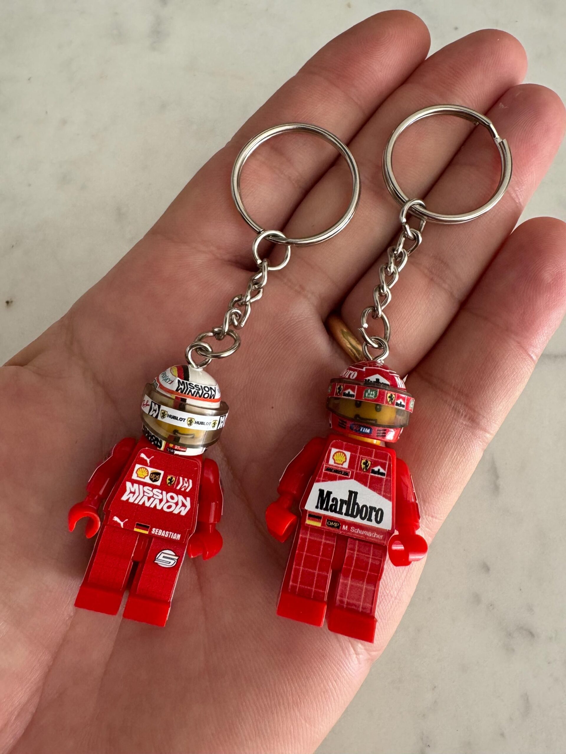 #Key #rings #Minifigure #Set #drivers #Michael #Schumacher #Sebastian #Vettel #Ferrari #racing #team #Formula