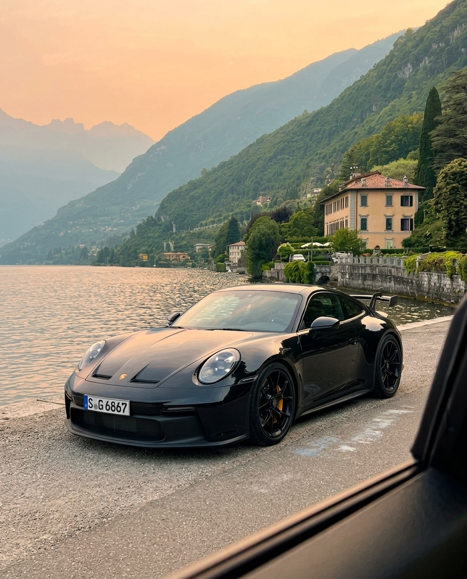 #Black #Porsche #GT3 #Scenic #Lake #Sunset #Drive